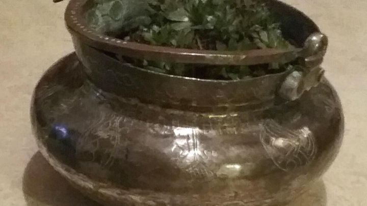 Ein kupferner Beh&auml;lter mit Pflanzen im Inneren steht auf einer neutralen Oberfl&auml;che, bereit zur Reinigung mit Papier.