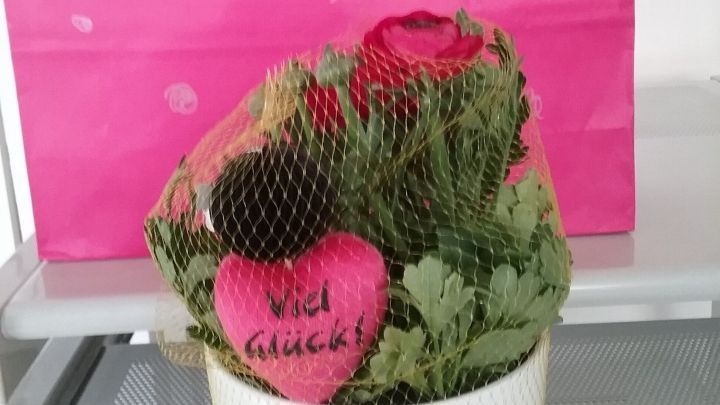 Ein Geburtstagsstrau&szlig; mit einer herzf&ouml;rmigen Dekoration im Netz steht vor einem pinken Hintergrund mit "Happy Birthday!".