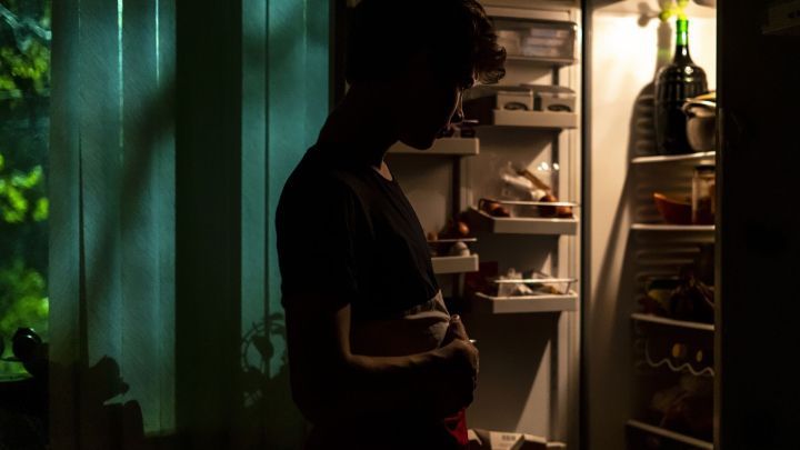 Eine Person steht nachtblind vor einem offenen K&uuml;hlschrank und betrachtet den Inhalt, umgeben von schwachem Licht.