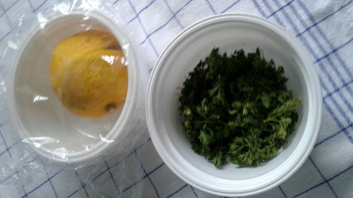 Ein leerer Joghurtbecher h&auml;lt frische Kr&auml;uter und eine Zitrone, ideal zur kreativen Weiterverwendung in der K&uuml;che.