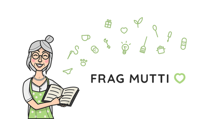Eine l&auml;chelnde &auml;ltere Frau mit Brille h&auml;lt ein Buch und pr&auml;sentiert das "Frag Mutti"-Logo umgeben von verschiedenen Icons.