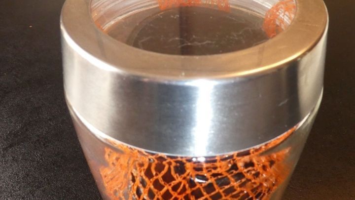 Ein transparenter Beh&auml;lter mit einem metallischen Deckel h&auml;lt orangefarbene Sch&auml;lchen und F&ouml;rmchen aufbewahrt.