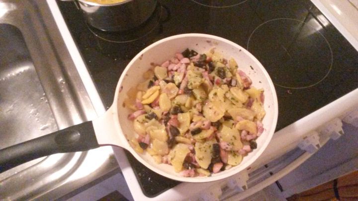 Eine Pfanne mit einem bunten Fertiggericht wird auf einem Herd erhitzt, um es f&uuml;r das Essen vorzubereiten.