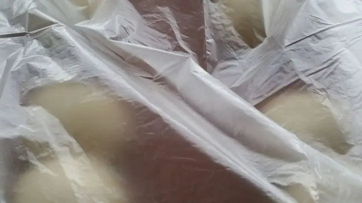 Blech in eine gro&szlig;e Plastikt&uuml;te stecken, in die Mitte ein leeres Glas stellen, so liegt die Folie nicht auf den Teiglingen. Aufpusten und gut verschlie&szlig;en. In den K&uuml;hlschrank stellen bis n&auml;chsten Tag. 