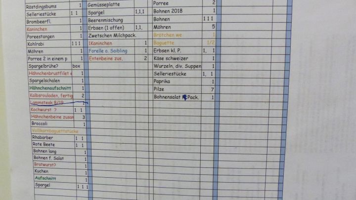 Eine &Uuml;bersicht zeigt eine Liste mit verschiedenen Lebensmitteln, die im Tiefk&uuml;hlschrank einzur&auml;umen sind, inklusive Mengenangaben.