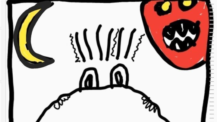 Ein kreatives Monster mit spitzen Z&auml;hnen schaut hinter einer runden Form hervor, w&auml;hrend ein Mond leuchtet.