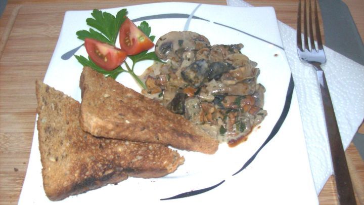 Ein Teller mit Edelpilz-Ragout und knusprigem Vollkorntoast steht auf einem Holzbrett, umgeben von Tomaten und Petersilie.