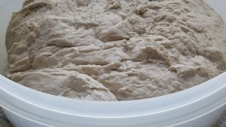 Sch&uuml;ssel mit Deckel schlie&szlig;en und in den K&uuml;hlschrank stellen bis n&auml;chsten Tag. Ich hatte ihn 20 Std. im K&uuml;hlschrank gelassen. Am n&auml;chsten Tag Teig aus dem K&uuml;hlschrank nehmen und bei Zimmertempratur ca. 1 Std. erw&auml;rmen lassen (gerne auch l&auml;nger).