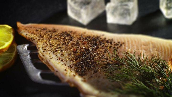 Dekoriertes Fischfilet liegt auf einem Teller, verziert mit Pfeffer und frischem Dill, umgeben von Eisw&uuml;rfeln und Zitrone.