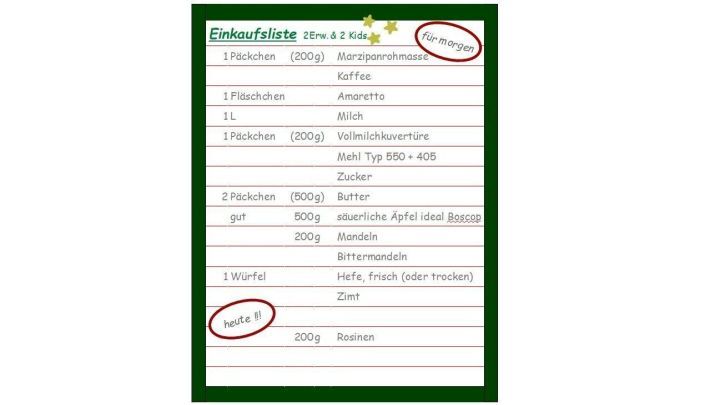 Ein gr&uuml;nes Blatt mit einer Liste von Aktionen f&uuml;r die Vorweihnachtszeit, darunter Termine und Aufgaben zum Organisieren.