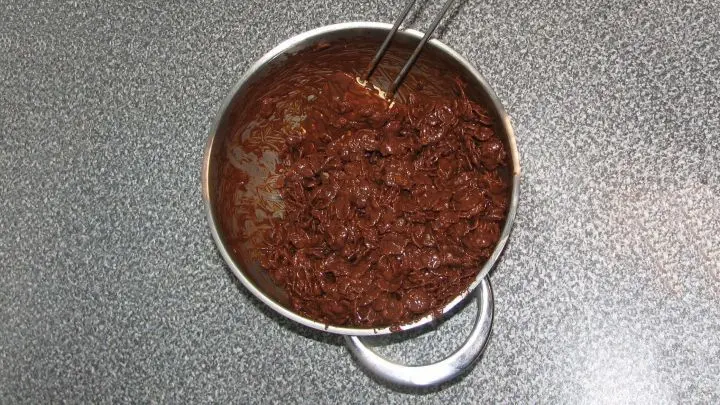 Cornflakes und Gew&uuml;rze zugeben und mit einem Teigschaber vorsichtig unterheben, es soll m&ouml;glichst nichts zerbr&ouml;seln &ndash; es dauert einen Moment bis kein einziges Cornflake mehr &ldquo;nackig&ldquo; ist.