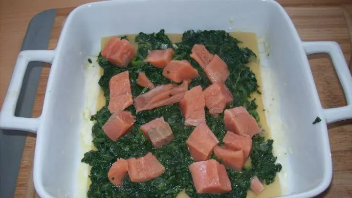 Als nächstes kommt etwas vom Spinat auf die Nudeln und einige Stücke vom Lachs werden auf dem Spinat verteilt.