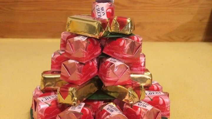 Ein Mini-Weihnachtsbaum aus Pralinen steht auf einem Teller, farbenfrohe S&uuml;&szlig;igkeiten bilden die Baumstruktur in festlicher Umgebung.