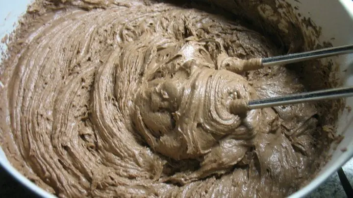 Die weiche Butter wird mit Zucker, Vanillezucker, 1 Prise Salz und den Eiern cremig ger&uuml;hrt, dann r&uuml;hrt man nach und nach das mit Backpulver und Kakao vermischte Mehl unter.
