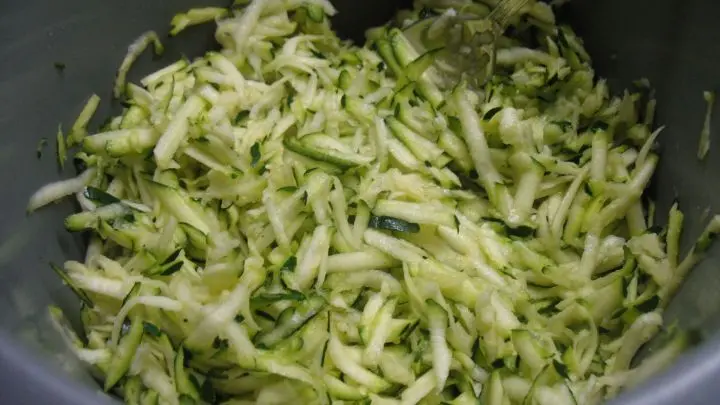 Die Zucchini wird gewaschen, fein geraspelt und etwas gesalzen, dann l&auml;sst man die Masse 5 Minuten ziehen.