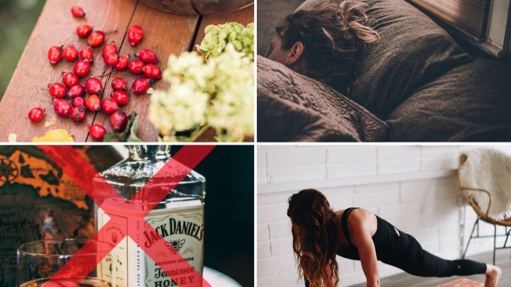 Bunte Lebensmittel wie Beeren f&ouml;rdern das Immunsystem, w&auml;hrend eine Person im Yoga entspannt und auf Alkohol verzichtet.