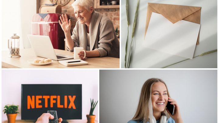 Ein &auml;lterer Mensch winkt am Laptop, w&auml;hrend eine junge Frau am Telefon spricht; beide halten Kontakt zu Familie und Freunden.