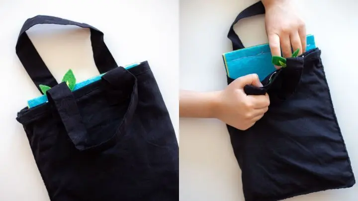 Zum Schluss habe ich meinem Sohn aus einer alten Stofftasche eine kleinere Tasche genäht. Ist natürlich nicht unbedingt nötig, aber so bleibt alles beieinander und geht nicht verloren.