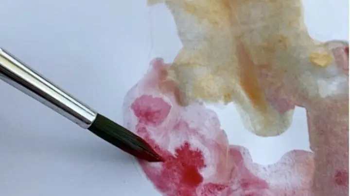 Mit dem Aquarell-Pinsel Farbtupfer auf die feuchten Stellen geben und zusehen, wie sich die Farben verbreiten, mit anderen vermischen und einzigartige Muster entstehen.