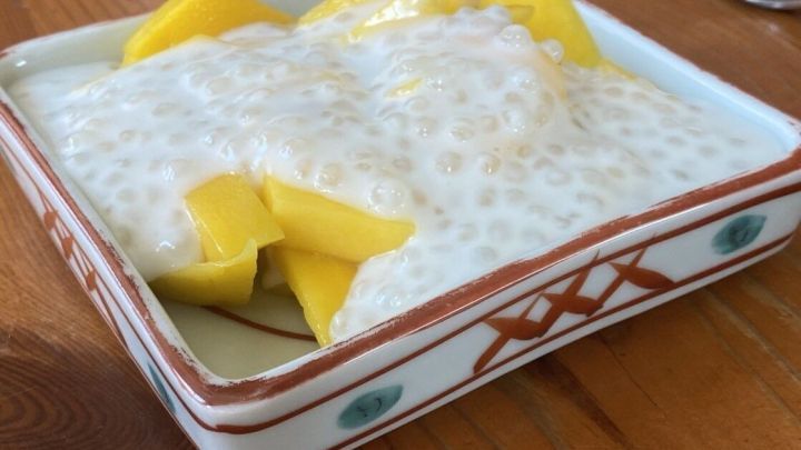 Cremiger Kokos-Sago-Milch-Dessert mit frischen Mango-St&uuml;ckchen in einer dekorativen Schale auf einem Holztisch.