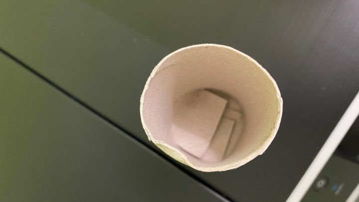 Ein leerer Toilettenpapierrollen wird als Anzuchttopf auf einem Tisch vorbereitet, um Pflanzen zu ziehen.