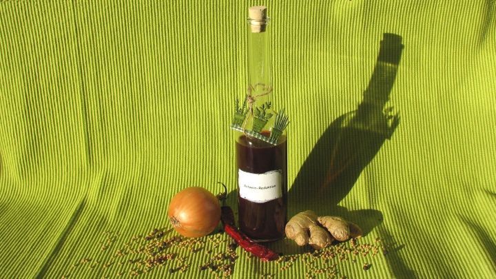 Eine Flasche Rotwein steht auf einem gr&uuml;nen Tuch, umgeben von Zwiebeln und Gew&uuml;rzen, was eine kulinarische Szene schafft.