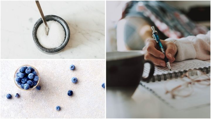 Zuckerfreie Zutaten wie Heidelbeeren werden auf einem Tisch vorbereitet, w&auml;hrend jemand Notizen in ein Heft macht.