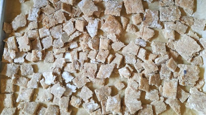 Kleine, knusprige Hundekekse liegen gleichm&auml;&szlig;ig auf einem Backblech, umgeben von Backpapier in einer hellen K&uuml;che.