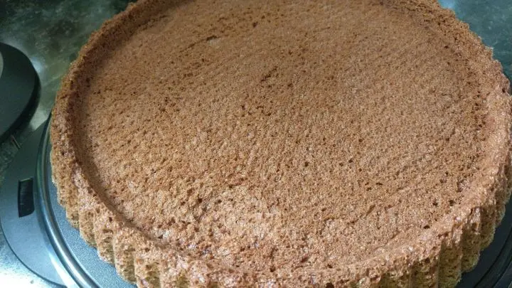 F&uuml;r den Schoko-Tortenboden: Alle Zutaten mit dem Mixer verr&uuml;hren und in eine gut gefettete Obstbodenform geben. Bei 200 Grad ca. 20 Minuten im vorgeheizten Backofen backen.
