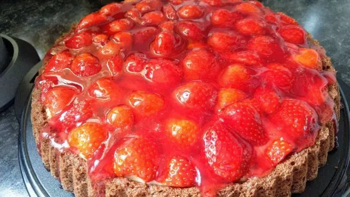 Aus Tortenguss, Gelierzucker und Wasser nach Anleitung den Guss bereiten. Auf den Erdbeeren verteilen und kurz k&uuml;hlen.