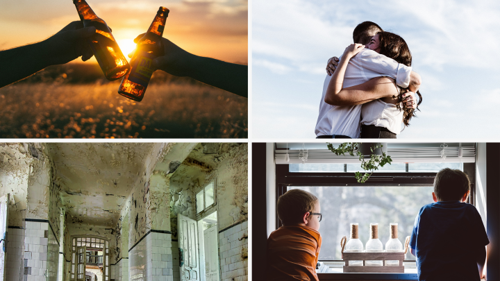 Zwei H&auml;nde sto&szlig;en an mit Bierflaschen im Sonnenuntergang, w&auml;hrend ein Paar sich umarmt und Kinder auf Flaschen schauen.