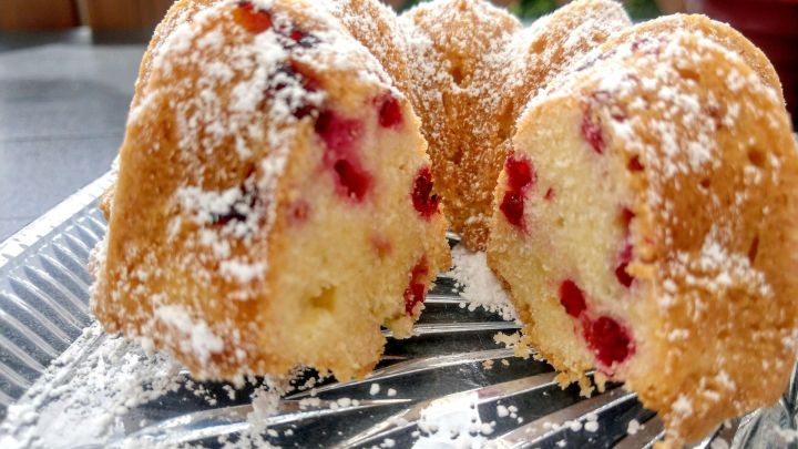 Delikat aussehender Johannisbeer-Gugelhupf, auf einer Glasplatte angerichtet, mit Puderzucker best&auml;ubt und in der Sonne gl&auml;nzend.