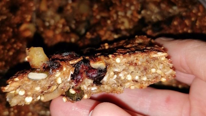 In einer Hand h&auml;lt jemand einen gesunden M&uuml;sliriegel, w&auml;hrend im Hintergrund weitere geschnittene Riegel in einer Sch&uuml;ssel liegen.