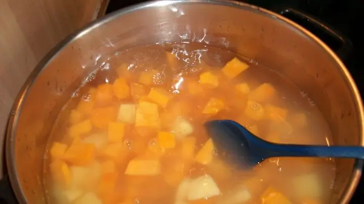 Die Butternut- und Kartoffelw&uuml;rfel im Salzwasser 10 Minuten kochen lassen.