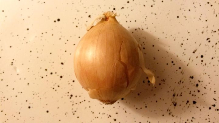 Eine rohe Zwiebel liegt auf einer gepunkteten Ablage, bereit zum Schneiden, um Tr&auml;nen beim Schneiden zu vermeiden.