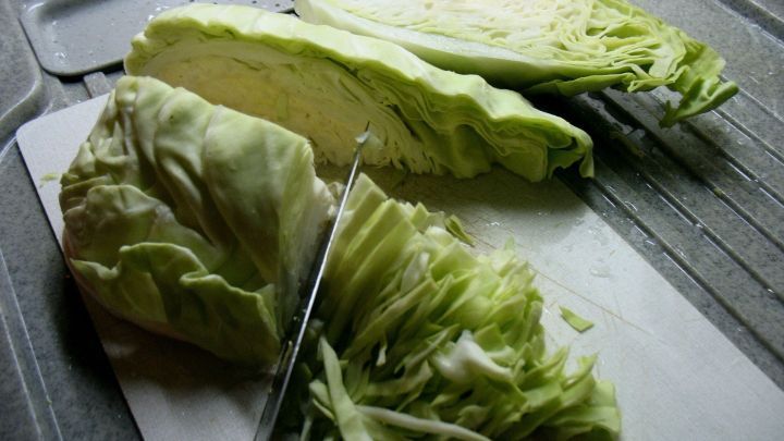 Spitzkohl wird auf einem Schneidebrett zerteilt, w&auml;hrend geschnittene St&uuml;cke daneben liegen, um f&uuml;r den Gem&uuml;seteller vorbereitet zu werden.