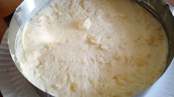 Die untere H&auml;lfte wird in einen Kuchenrahmen gespannt und die Pudding-Sahne-Mischung wird darauf verteilt. 