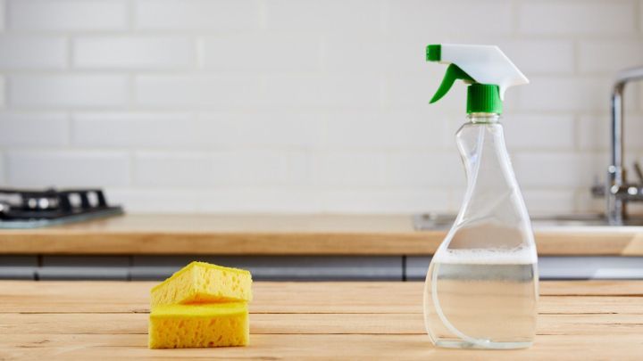 Ein Sp&uuml;lmaschinentab steht neben einem Spr&uuml;hreiniger und einem Schwamm auf einer Holzoberfl&auml;che in einer K&uuml;che.