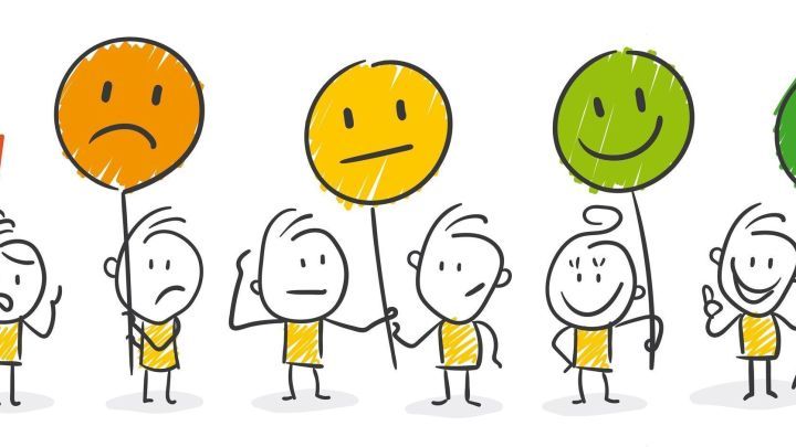 Gruppen von Figuren halten verschiedene emotionale Luftballons und zeigen damit ihre Gef&uuml;hle in einer bunten Darstellung.