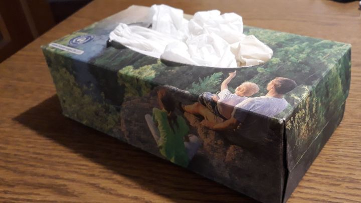 Eine Taschentuch-Box steht auf einem Tisch, gef&uuml;llt mit Papiert&uuml;chern, w&auml;hrend eine fr&ouml;hliche Familie auf dem Karton abgebildet ist.