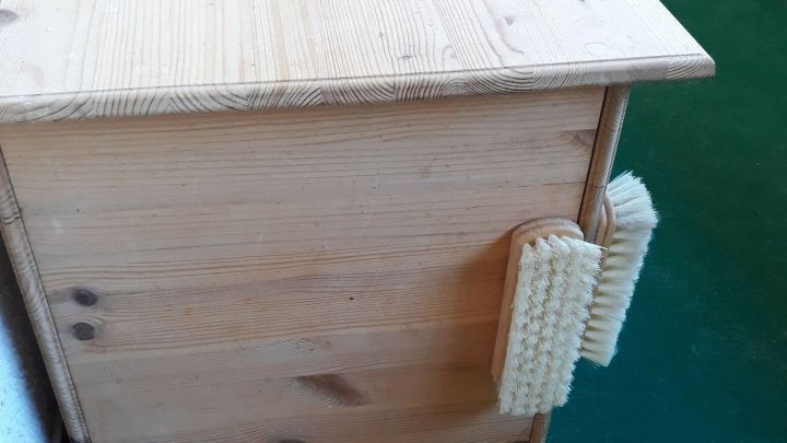 Eine Holzbox mit Katzen-Wellness-B&uuml;rsten an der Seite steht auf einem gr&uuml;nen Teppich im Hintergrund.