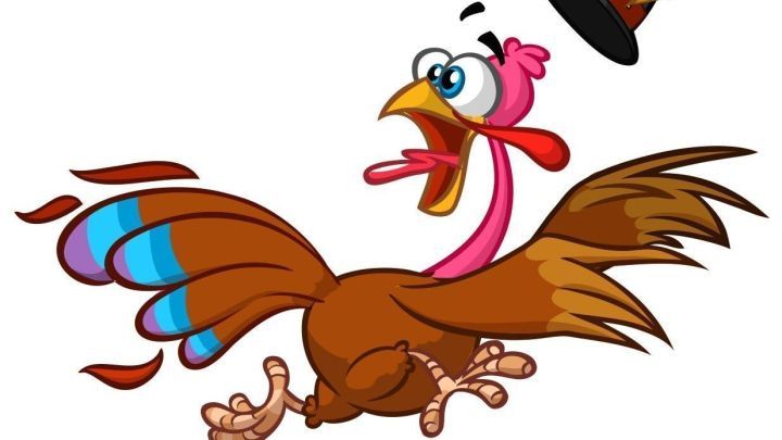 Ein lustiger Truthahn mit einem Hut l&auml;uft hektisch, umgeben von bunten Federn, und dr&uuml;ckt den Feiertagswahnsinn aus.