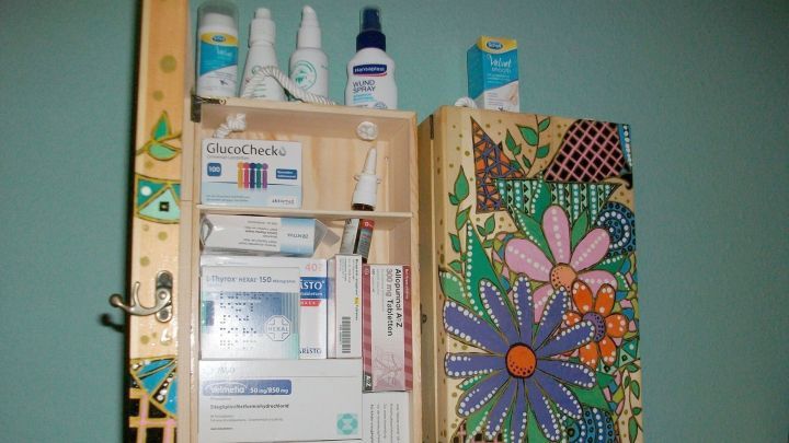 Der bef&uuml;llte Schrank. Auch den Platz oben drauf habe ich genutzt. Unten wegen der Aussparung ein wenig Pappe unterlegt.