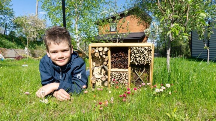 Ein Junge liegt auf dem Gras neben einem bunten Insektenhotel, umgeben von Blumen und B&auml;umen in einer Gartenlandschaft.
