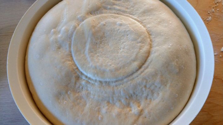 Nun ist der Teig nach 1,5 Stunden ordentlich aufgegangen und kann ausgerollt werden.