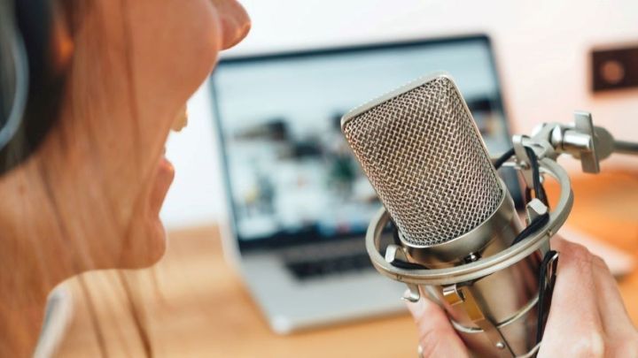 Ein Mikrofon wird von einer Person gehalten, w&auml;hrend sie spricht oder singt, im Hintergrund ein Laptop zeigt eine kreative Umgebung.