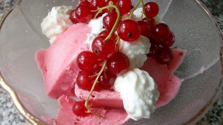 Eine Sch&uuml;ssel mit rosa Johannisbeer-Eiscreme ist mit roten Johannisbeeren und Sahne garniert, auf einem Granituntergrund.