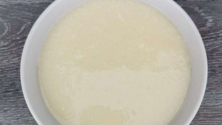 Ein wei&szlig;er Beh&auml;lter mit einer cremigen Knoblauchmischung steht auf einem grauen Tisch, bereit zur Haltbarmachung.