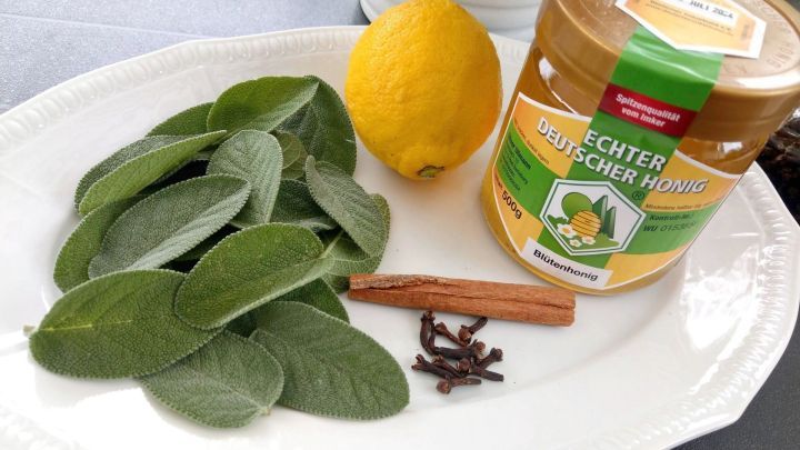 Auf einem wei&szlig;en Teller liegen frische Salbeibl&auml;tter, eine Zitrone, Zimtstange und Honig, bereit zum Salbeihonig selber machen.