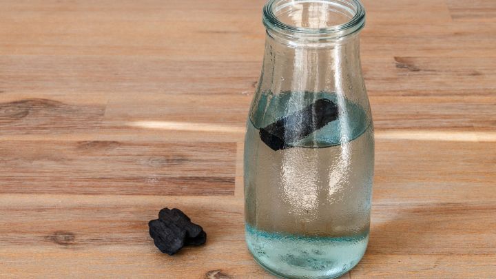 Ein Glas Wasser enth&auml;lt ein St&uuml;ck Holzkohle, das darin schwimmt, auf einem Holzuntergrund platziert.